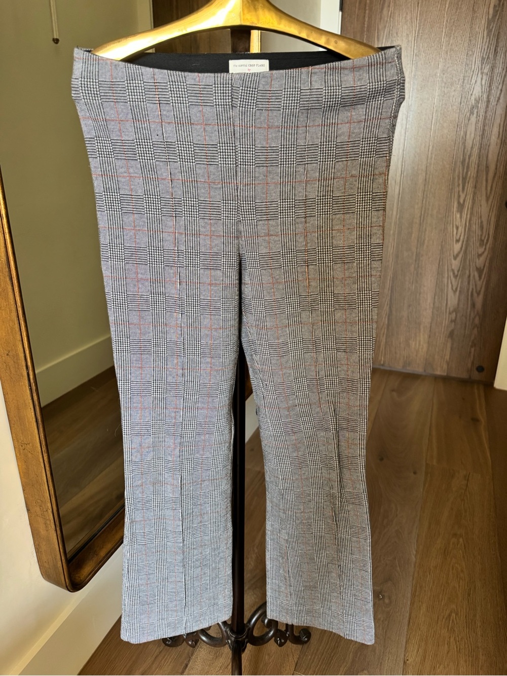 Plaid Stretch Bootcut Pants - Gray with rust color Windowpane